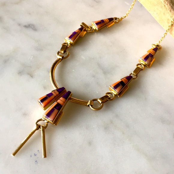 Vintage Navajo Tom David 14K Inlay Necklace and Earrings Native American - Picture 9 of 16